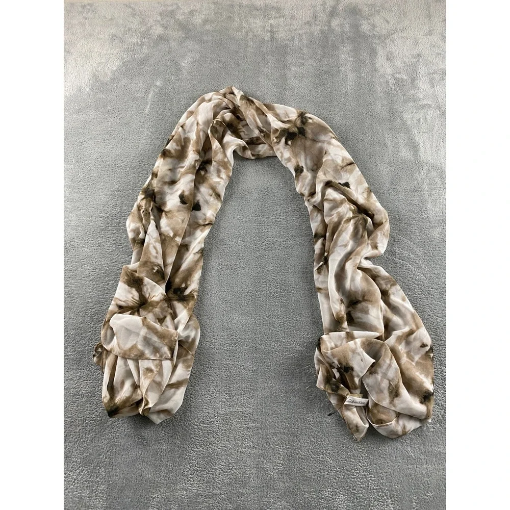 Calvin Klein Womens Abstract Tie Dye Chiffon Scarf Beige Brown Neutral Oblong